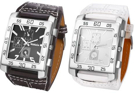 JewelryWe Uhren Herren Leder Rechteckig: 2pcs Steampunk Vintage Analog Quarz Armbanduhr Männer Groß Breit Leder Armband Uhr mit Arabischen Ziffern Rechteck Zifferblatt