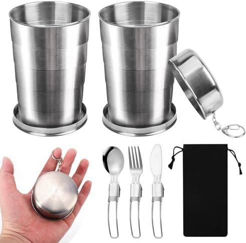 MEYAGOT 2 Vasos Plegables De Acero Inoxidable, Vasos De 450 Ml, Vaso Para Chupito, Vaso Plegable Con Llavero Para Viajes, Picnic, Senderismo, Al Aire Libre