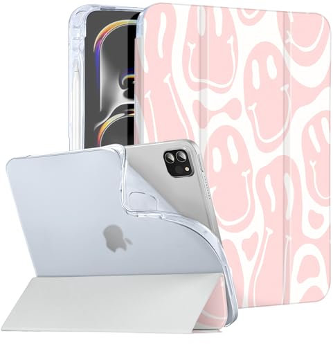 Vozehui iPad Pro 11 Case - 2024 M4 5th Gen, Slim Stand, Pencil Holder, Hard Back Shell, Pink Smiley