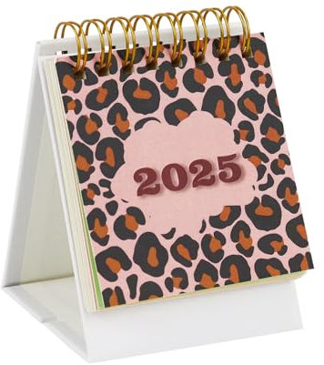 Kleiner Tischkalender 2024–2025, 7,6 x 10,9 cm, läuft von Juli 2024 bis Dezember 2025, Stehender Flip-Akademischer Jahreskalender mit Goldspule, leicht lesbar (Leopard)
