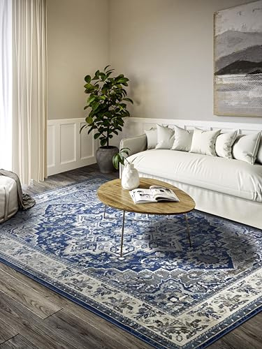 Villeroy & Boch Kurzflor Teppich Jehanne - Klassischer Wohnzimmerteppich - Traditioneller Teppich für Wohnzimmer, Schlafzimmer, Esszimmer, Flur, Küche – Blau Creme, 200x280cm