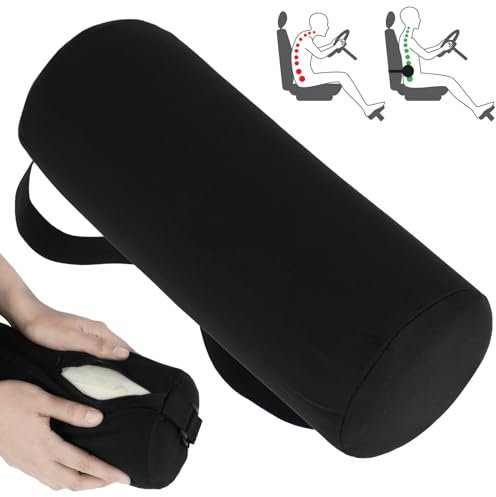 Lumbar Roll Pillow for Lower Back Lumbar Support Pillow Memory Foam Roll Pillow with Removable Elastic Strap Washable Cover Ergonomic Neckroll Pillow 11 inch Length Back Support Roll for Chair (Black)