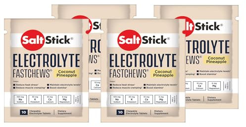 SaltStick FastChews Tüten Vorteilspaket, 4 x 10 Elektrolyt Kautabletten, Salz Tabletten für Sportler, Triathlon- und Marathon Läufer (4, Coconut Pineapple)