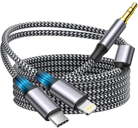 Wahbite Cordon auxiliaire certifié Apple MFi pour iPhone, câble audio 2 en 1 USB-C et Lightning vers prise jack 3,5 mm pour iPhone 16 15 14 13 12 11 XS XR X 8 7 6 iPad vers voiture/stéréo domestique