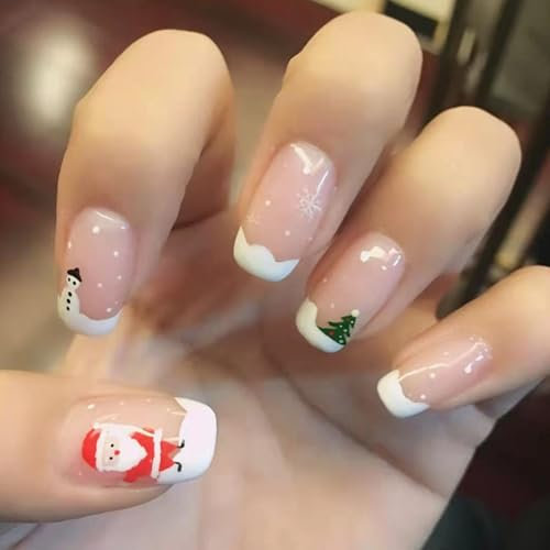 24Pcs Christmas False Nails Short Square, Nude French Press on Nails Cute Snowman Santa Claus Fake Nails, Full Cover Acrylic Stick on Nails with Snowflakes, Elegant Reusable Glue on Nails for Women