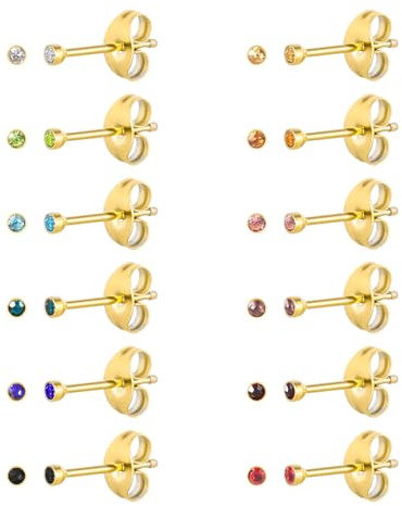 12 Paar 18 Karat Gelbgold plattiert Ohrstecker aus chirurgischem Edelstahl, CZ-Ohrstecker für Frauen, Zirkonia-Geburtsstein-Ohrstecker-Set 3mm 4mm 5mm 6mm (Gold round 2mm)