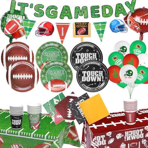 American Football Partygeschirr Set, 2025 Super Bowl Deko Partygeschirr Superbowl Party Deko American Fußball Deko Pappteller Servietten Pappbecher Tischdecke Junge Mädchen Fußball für 24 Gäste