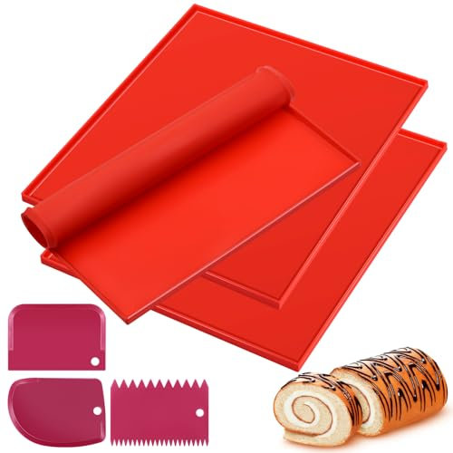 Swiss Roll Cake Mat, 3 PCS Swiss Roll Tin, Silicone Baking Mat Comes with Three Scrapers,Silicone Baking Tray - Non-Stick Coating, Non-Slip, for Cooking, Baking, Bread, Biscuits