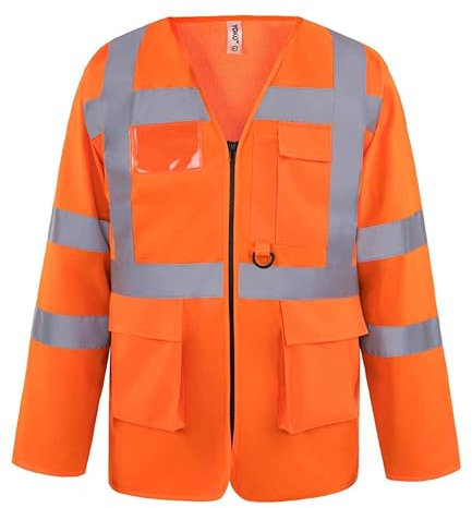 Yoko Premium Orange Hi-Vis Zipped Long Sleeve Safety Vest with Pockets – High Visibility Workwear with Phone, Pen Holder & ID Wallet, Brook Hi Vis (Orange, XLarge)