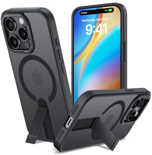 ÁRBOLORO Hülle für iPhone 15 Pro mit Ständer, Kompatibel mit MagSafe, Magnetkraft Militärschutz Handyhülle, Eingebauter Kickstand Stoßfest Kratzfest Case, Matt Schwarz