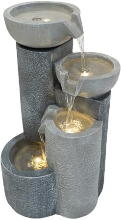 Cascading Outdoor Water Feature Electric Garden Fountain Polyresin Grey 3 Warm White LED Lights Plug-In Pump 7m Cable Statue Straight Waterfall Home Patio Decor Tranquil Tiers FREE Cleaning Brush