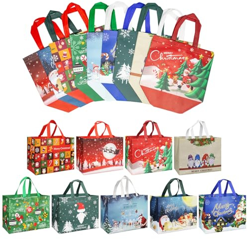 Gaoyong Geschenktüten Weihnachten 32x25,5x17 cm, 9PCS Weihnachtstüten Groß, Non Woven Weihnachtstaschen, geeignet zum Einkaufen, Geschenkverpacken und Feiern von Weihnachten