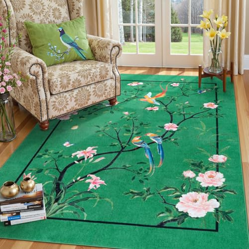 LIVEBOX Washable 5x7 Area Rugs for Living Room Clearance, Non Slip Soft Low Pile Oriental Floral Birds Chinoiserie Neutral Rugs for Bedroom, Carpet Rug for Kids Nursery Dining Room(Bright Green,5'x7')