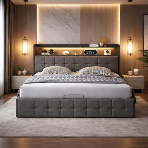 QMTXBYJ Polsterbett Doppelbett 160x200 cm, Hydraulisches Bett 160x200 mit Bettkasten und Lattenrost, Staufach-Kopfteil mit LED und USB Ladestation, Funktionsbett Rückenlehne Bett, Leinen