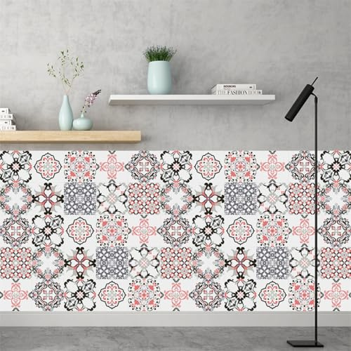 Stickers Muraux Cuisine Rose Gris Floral Credence Adhesive pour Cuisine Meuble Carrelage Adhesif Mural Salle de Bain Décor Dalle pvc Adhesive Sol Stickers Carrelage 15x15cm /10 pièces