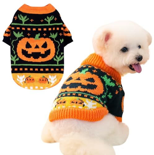 Fnaobai Halloween-Hundepullover, Katze, Kürbis, Strickwaren, Totenkopf-Shirt, Haustier-Rollkragen-Kleidung für kleine, mittelgroße und große Hunde, Katzen, Yorkie, Chihuahua, Zwergspitz, Größe S
