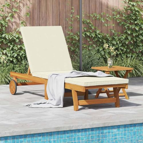 Holamys Gartenliege klappbar aus Akazienholz mit Rollen, integriertem Beistelltisch und Kissen, ideal für entspannte Stunden im Freien.