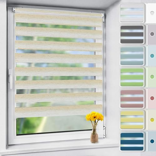OUBO Doppelrollo Klemmfix ohne Bohren Beige B95 x H200cm (Stoffbreite: 91cm), Duo Rollo für Fenster und Tür, Fensterrollo Sonnenschutz & Sichtschutz