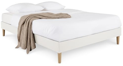 IDIMEX Sommier tapissier Brest 160 x 200 cm Structure en Bois et revêtement en Tissu Blanc crème, Cadre de lit avec Pieds et sommier à Lattes pour 2 Personnes