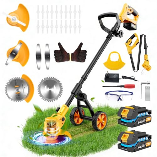 21v Decespugliatore a batteria, Decespugliatore Elettrico con 2 * 2Ah Batterie, TelescopicoTagliabordi a Batteria con Caricabatterie e Ruote Rimovibili, 3 Tipi di Lame per Il Taglio Di Giardini Prati