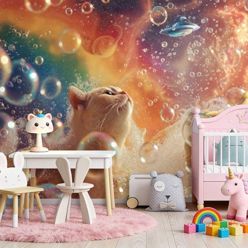 Tapete Fototapete 3d Effekt Tiere Katzen Seifenblasen, Tapeten Wandekoration Wohnzimmer Schlafzimmer Büro Flur, Vliestapete Wandtapete Bildtapete Wand Dekoration 300 x 210 cm, Farbe