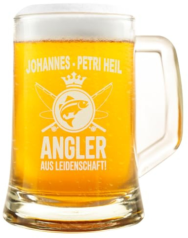 MyMomentCraft Bierkrug Angler Petri Heil für Männer Angeln Hobby personalisiert Angel Vatertag (Beidseitig Graviert)