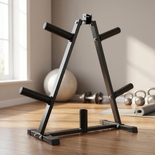 Centra Weight Plate Rack Heavy Duty Steel, Storage Stand with Barbell Holder for Home Gym, 250kg Capacity for 1 & 2 Olympic Plates, Space Saving Exercise Equipment