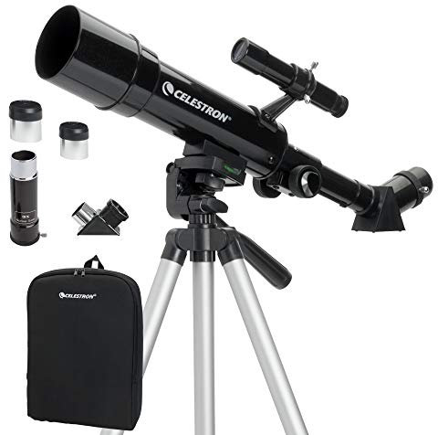 Celestron 21038 Travel Scope 50 mmKit de telescopio Refractor portátil, Incluye Dos oculares, 3 Lentes Barlow, Diagonal Imagen erecta de 45°, trípode Ajustable y Bandeja para Accesorios, Negro