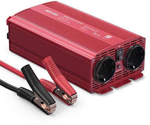 BESTEK KFZ Spannungswandler 1000W DC 12v auf AC 230v Wechselrichter Stromwandler mit 2 DE-Steckdose, 4 Sicherunge und 1 Paar Batterieklemmen für Auto Batterie, für Urlaubsreisen im Freien