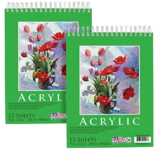 U.S. Art Supply 9x12 Premium Heavy-Weight Acrylic Painting Paper Pad, 246lb (400gsm), 2 Pack, 12 Sheets, Spiral Bound, for Acrylic Paint