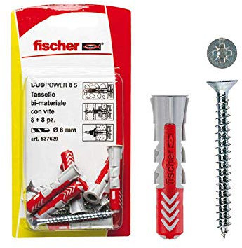 Fischer 537630 Taco con Tornillo Duopower, Gris/Rojo, 10 x 50 mm, Set de 4 Piezas