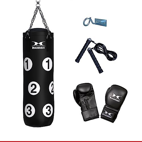 HAMMER Box-Set Sparring Professional - Boxsack Set, Gefüllt, 80 cm, nummeriert mit Trefferflächen, Boxhandschuhe 10 oz, Springseil, Profi-Deckenhacken, Boxtraining-DVD