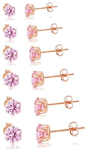 findout Gold Plated Titanium Steel Elegant Classic Round 3 4 5 6 7 8mm 6 Pairs Cubic Zirconia Pink Crystal Stud Earrings Gift for Women Girls Child (f1820) (Rose Gold Plated Pink Crystal 6 Pairs Set)