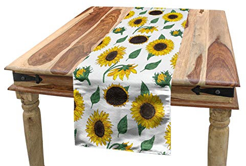 ABAKUHAUS Sonnenblume Tischläufer, Von Hand gezeichnet Blumenkunst, Esszimmer Küche Rechteckiger Dekorativer Tischläufer, 40 x 180 cm, Reseda Grün