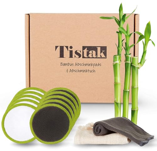 TISTAK [10er Set] Abschminkpads waschbar inkl. Abschminktuch & Wäschebeutel - Flauschig weiche und wiederverwendbare Wattepads aus feinster Bambus Faser für umweltbewusste Frauen