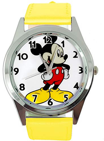 TAPORT® Armbanduhr Analog Quarz mit Echtlederband gelb rund für Fan von Micky Maus