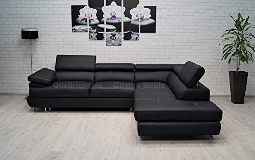 Quattro Meble Schwarzes Echtleder Ecksofa LTN 275 x 225 Sofa Couch mit Schlaffunktion, Bettkasten und Kopfstützen Echt Leder Eck Couch (275 x 225 cm Ecke Rechts)