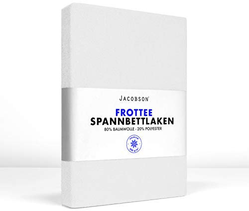 Jacobson Premium FROTTEE Spannbettlaken Spannbetttuch Bettlaken Baumwolle ca. 200g/m² (180-200x220cm + 40cm, Weiss)