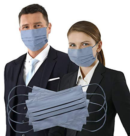 ALBERT KREUZ 3-er Pack Wiederverwendbare Mund-Nase-Maske Bio-Baumwolle mehrlagig mit Filter, Nasenbügel und weichen Ohrschlaufen, Grau-Blau