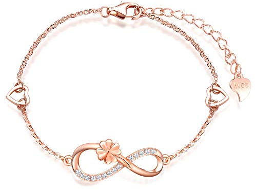 INFINIONLY Bracciale da donna, bracciale in argento 925, bracciali con simbolo dell'infinito con quadrifoglio fortunato, decora diamanti, cuori o stelle, zircone, oro rosa, bracciale quadrifoglio