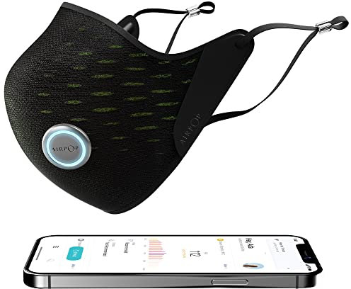 AIRPOP Active+ Halo Gesichtsmaske Wiederverwendbar & Waschbar, Sensor für Luftqualität und Atmung, 4 Filter, 160 Stunden Tragezeit, Atmungsaktiver Gesichtsschutz, Kompatibel mit IOS-App, Schwarz/Gelb