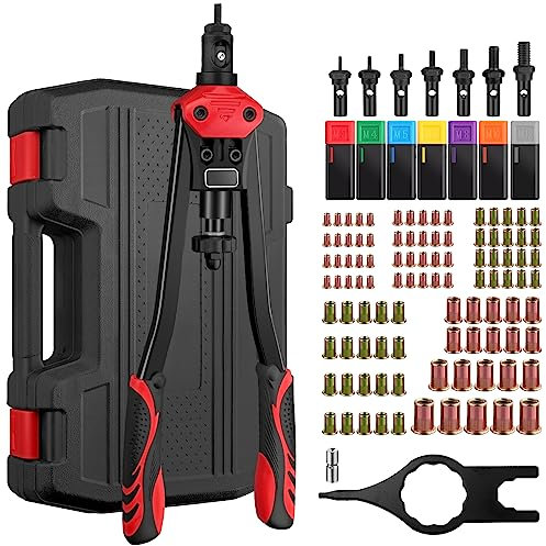 Proster Remachadora de Tuercas 16'' con 100 Tuercas M3M4M5M6M8M10M12 Pistola Remachadora con 7 Mandriles Herramienta de Remachado con Llave para Trabajos Pesados en Casa Garaje Taller
