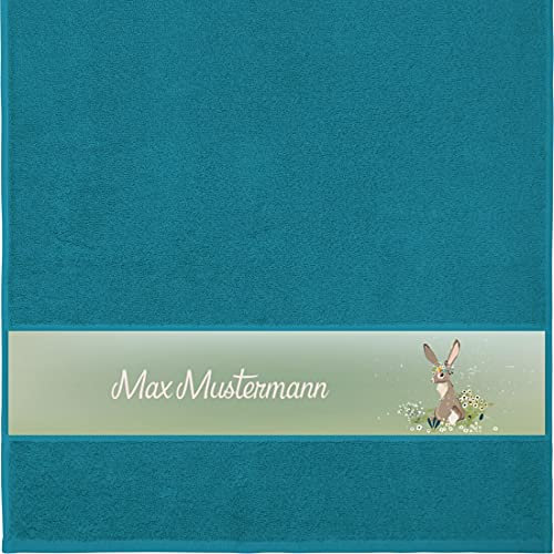 Manutextur Handtuch mit Namen - personalisiert - Motiv Hase 1 - viele Farben & Motive - Dusch-Handtuch - Petrol - Größe 50x100 cm - persönliches Geschenk mit Wunsch-Motiv und Wunsch-Name