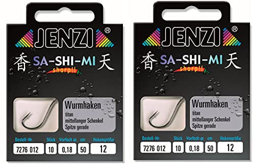 Set # 2 Packungen (20 Stück) Wurmhaken von Jenzi, fertig gebunden, Hakengrößen 2 4 5 6 8 10 12 14, 50 cm +gratis Petri Heil! Aufkleber (Hakengröße 12)