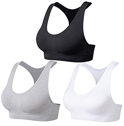 SEGRILA Reggiseni Sportivi da Donna Multipack Reggiseni Imbottiti Racerback Yoga Reggiseni, Nero, Bianco e Grigio., XL