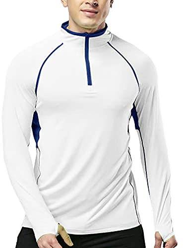 Muscle Alive Men's Quarter Zip Running Active T Shirts Workout Long Sleeve Jersey with Thumb Holes Polyester and Spandex White XXL