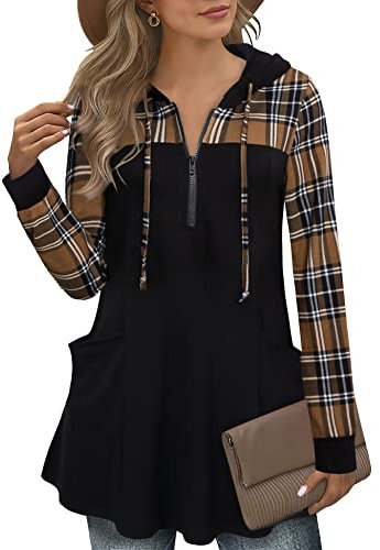 Gaharu Damen Pullover Elegant Festlich mit Kapuze Sweatkleid Langarm Hoodie Herbst Longpullover Lässig für Leggings, Kapuzenpulli Damen Hoodie mit ReißVerschluss Lang Sweater Schwarz, XXL