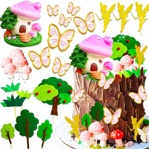 JeVenis Fee Blumen Pilz Kuchen Dekoration Kuchen Topper Fairy Tortendeko Elfen Feen Geburtstag Kuchen Cupcake für Kindergeburtstag Party Dekoration