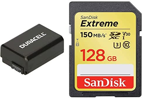 Duracell Premium Analog Sony NP-FW50 Battery for Alpha A7 A7R A7S 7.4V 1030mAh & SanDisk Extreme SDXC Memory Card, Up to 150 MB/s, Class 10, U3, V30, 128 GB (Pack of 1)