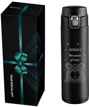 Maverton Bouteille isotherme personnalisable 50cl - Mug de voyage à café/thé - Thermos hermétique avec gravure cadeau homme - saint valentin - Gourde isotherme - pour lui/cadeau copain - ourson